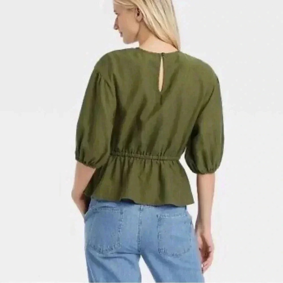 WHO WHAT WEAR Women's Linen Puff Sleeves Fairy Boho Green Peplum Top Size L - Picture 4 of 8